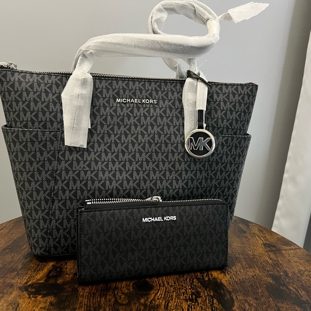Michael Kors Black MK Logo Tote and Wallet